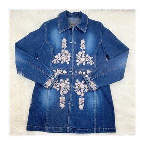 Vintage Floral Embroidered Boho Artsy Hippie Denim Jean Jacket Women's Size M